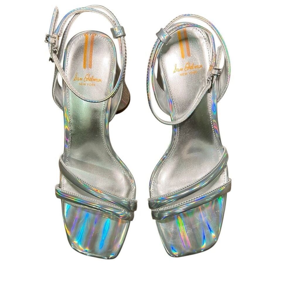 NIB Sam Edelman Women's Silver Kia Metallic Ankle Strap Block Heel Sandals 8 - Picture 6 of 9